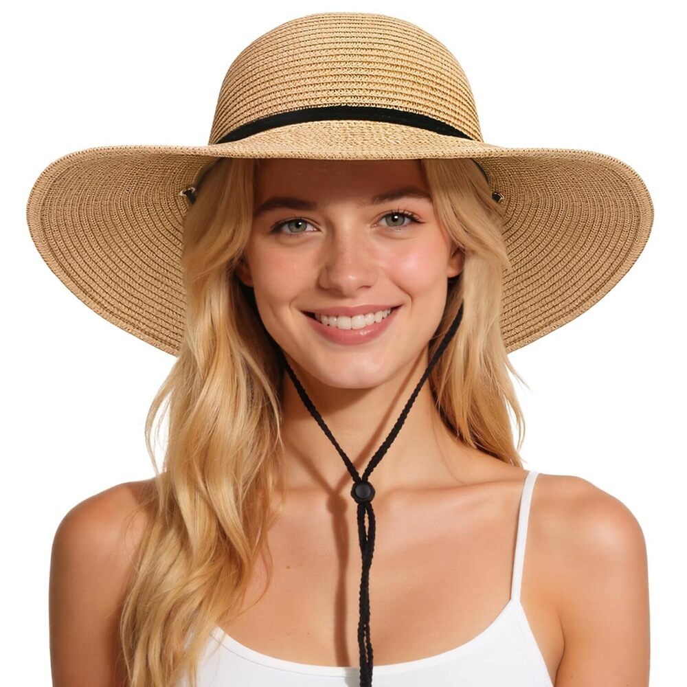 Sun Hats for Women, Wind Lanyard Wide Brim Straw Hat for Summer
